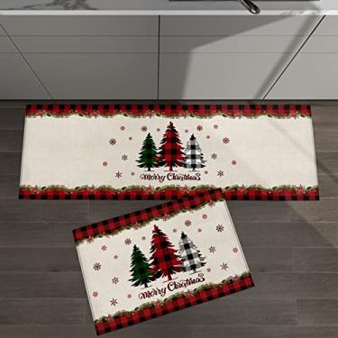 Imagem de Conjunto de 2 tapetes de cozinha Feliz Natal árvores verde vermelho preto xadrez floco de neve padrão geométrico decoração de inverno para tapetes e tapetes acolchoados antiderrapante tapete absorvente corredor confortável