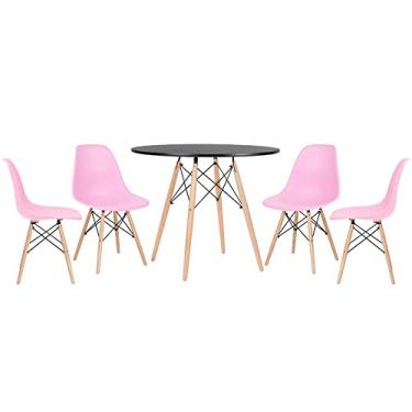 Imagem de Loft7, Mesa redonda Eames 90 cm preto + 4 cadeiras Eiffel DSW Rosa claro