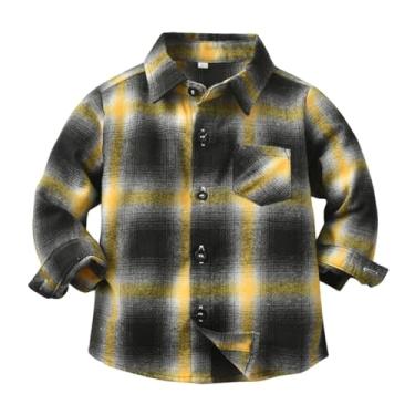 Imagem de Camisa de flanela xadrez para bebês meninos manga longa botão botão para baixo camisas com bolsos casacos cardigã, Amarelo, 6-12 Meses