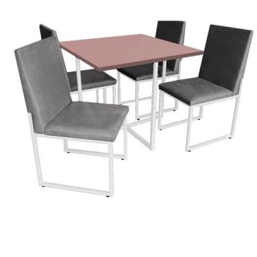 Imagem de Kit Mesa De Jantar Thales Com 4 Cadeiras Sttan Ferro Branco Tampo Rose
