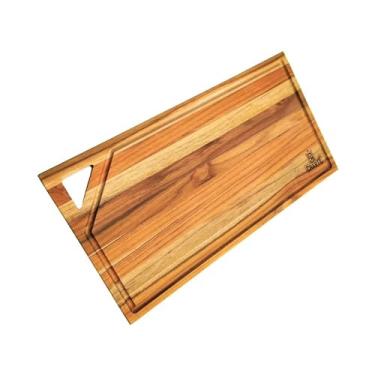 Imagem de Tábua de Corte Para Churrasco e Carnes Feita de Madeira Teca Alimentos Legumes Petiscos Churrasqueiro Gourmet Peça com Canaleta e Alça Premium Rústica Ideal para Casa e Cozinha Grande e Pequena