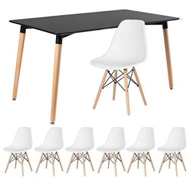 Imagem de Loft7, Kit - Mesa de jantar retangular Eames 80 x 140 cm preto + 6 cadeiras Eiffel Dsw Branco