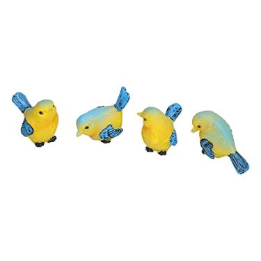 Imagem de Cyrank Conjunto de 4 estatuetas de pássaro de resinas, mini pássaros azuis e amarelos estatueta decorativa de mesa miniatura pássaro jardim estátua decoração
