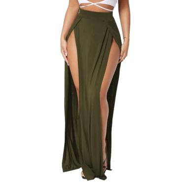 Imagem de MakeMeChic Saia longa feminina de cintura alta com fenda na coxa, Verde militar, PP
