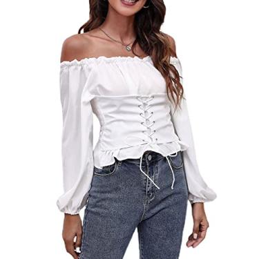 Imagem de Mulheres puff manga longa folho guarnição camisas sexy fora do ombro blusa sem costas rendas franzido volta magro espartilho topo branco/919