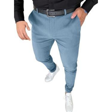 Imagem de PLEPAN Calça social masculina elástica slim fit casual calça de golfe com cintura expansível, Jeans azul, P