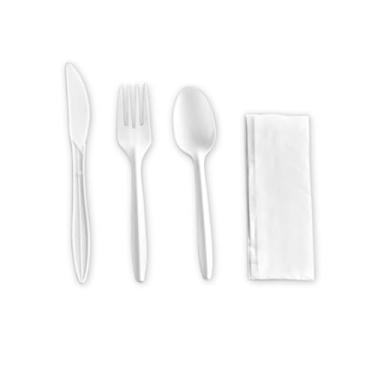 Imagem de Global Basics Pacotes de talheres de plástico descartáveis | 250 conjuntos de talheres de plástico branco embalados individualmente | Inclui faca, garfo, colher e guardanapo | Total de 250 (250,