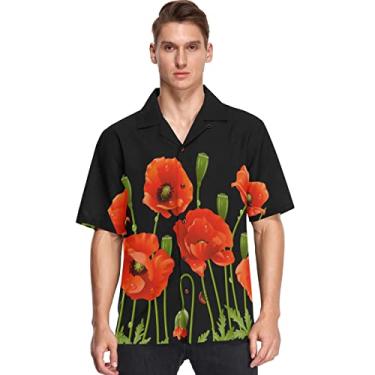 Imagem de Camisas havaianas masculinas manga curta Aloha Beach camisa clássica vermelha papoula preta floral verão casual camisa de botão, Multicolorido, M