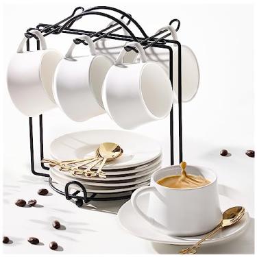 Imagem de Lareina Xícaras de café expresso com pires, colheres e suporte de metal, conjunto de 6 xícaras de café pequenas de 85 g, canecas de demitasse fofas com alça, branco