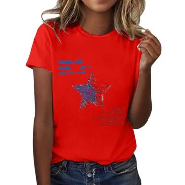 Imagem de Camisetas patrióticas femininas listras estrelas manga curta gola redonda dia da independência ajuste solto leve verão 2024, Vermelho, G