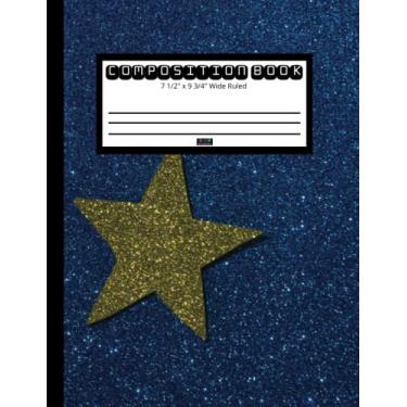 Imagem de Caderno de composição: Azul pautado largo com design de estrela dourada para crianças, adolescentes e adultos | Cadernos | Material escolar: 80 páginas - 19 x 24,8 cm