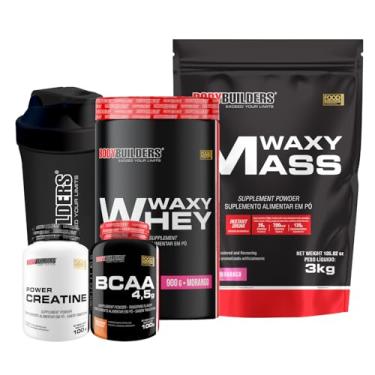 Imagem de Kit Hipercalórico Waxy Mass 3kg + Waxy Whey 900g + Power Creatina 100g + BCAA 100g + Coqueteleira - Bodybuilders Sabor Morango
