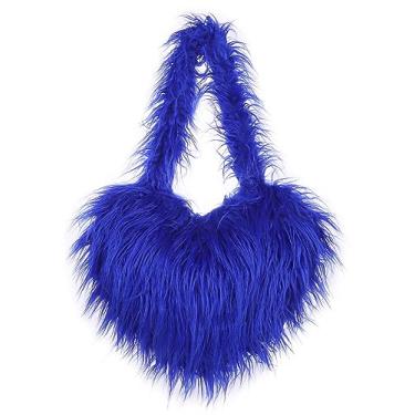 Imagem de Bolsa de ombro feminina de pele sintética de lã retrô bolsa de ombro fofa bolsa transversal bolsa de cor sólida em forma de amor, Azul-escuro
