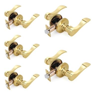 Imagem de LOQRON Maçaneta de porta estilo onda, maçanetas de porta de passagem, pacote com 5 maçanetas internas sem chave douradas reversíveis para canhoto/destro para corredor e armário com acabamento em latão
