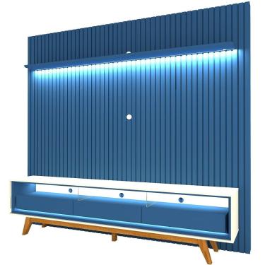 Imagem de Painel Gelius Nobre com ripas autênticas e Rack requinte com LED largura 230 cm para TV de 85 polegadas Azul Royal/OFF White