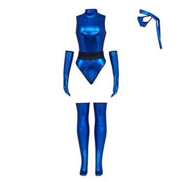 Imagem de RocailleCos Mortal MK Kitana Cosplay Costume Female Sexy Blue Jumpsuit Kombat Suit with Mask Ninja Fighter Outfit (blue, L)
