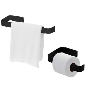 Imagem de Kit Acessorios Para Banheiro Preto Fosco 2 Peças Porta Toalha De Rosto e Papeleira