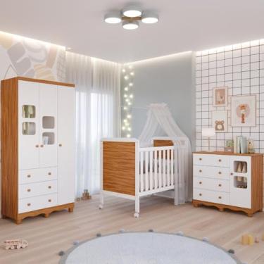 Imagem de Quarto de Bebê Completo Guarda Roupa Uli 3 Portas 3 Gavetas Berço Mini Cama Cloe 2 Em 1 Cômoda Uli 4 Gavetas 1 Porta Móveis Peroba Amendoa/branco