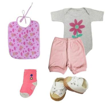 Imagem de Kit Roupas Bebê 5 Peças Body Shorts Babador Sapatinho e Meia - Koala B