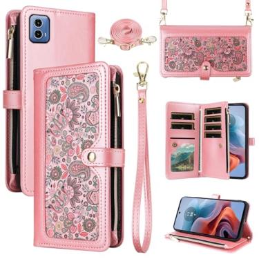 Imagem de Dswteny Capa carteira floral para Motorola Moto G34 5G com alça de ombro, zíper couro PU flip porta-cartão de crédito acessórios capa de celular para MotoG34 G 34 mulheres homens rosa