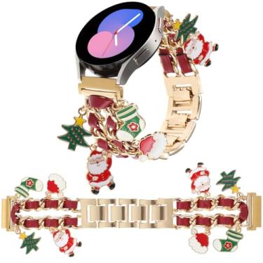 Imagem de REALSIGN Pulseira de relógio de metal elegante de 20 mm compatível com Samsung Galaxy Watch 6 5 4 40/44 mm, Watch 4 Classic 42/46 mm, Watch 3 de 41 mm, Active 2, Gear S2 Classic, pulseira com pingentes de árvore de Natal para mulheres (ouro + couro vermelho)