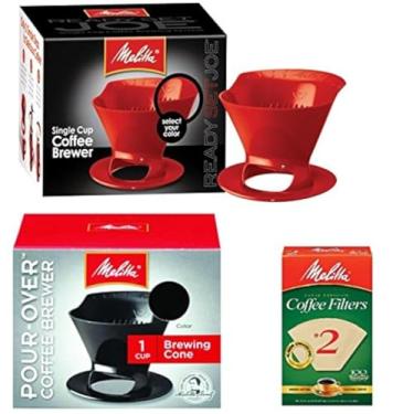 Imagem de Conjunto de cafeteira Melitta Ready Joe para copo único – 1 preto e 1 vermelho + 2 filtros de café de cone marrom natural 100 unidades