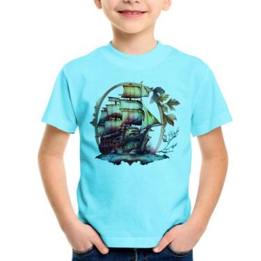 Imagem de Camiseta Infantil Navio e Flores - Foca na Moda, Azul claro, 10