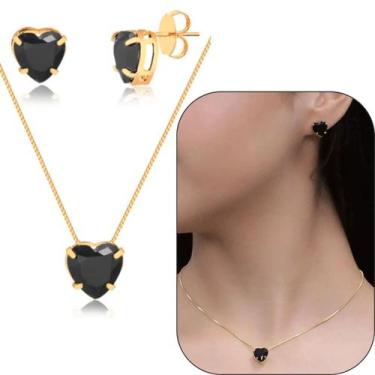 Imagem de Conjunto Kit Colar Brinco Coração de Cristal 10mm Preto banhado a Ouro