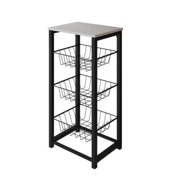 Imagem de Fruteira de Chão Cozinha Desmontada Aço Preto Cesto Preto Tampo Branco