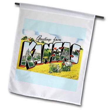 Imagem de 3dRose fl_170062_1 Saudações do cartão postal cênico do Kansas em fundo azul bandeira de jardim, 30 x 45 cm