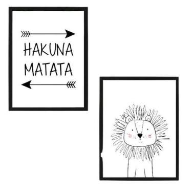 Imagem de Kit 2 Quadros Hakuna Matata Leãozinho 24X18 Com Vidro Branca - Quadros