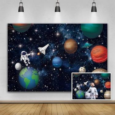 Imagem de Yeele Fundo de 2,4 x 1,8 m, universo azul escuro, espaço, astronauta, planeta, terra, ficção científica, fotografia, decoração para meninos e crianças, decoração de festa de aniversário, adereços de