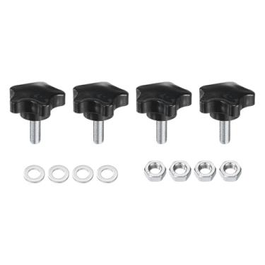 Imagem de uxcell 4 peças de maçanetas de fixação estrela com arruelas de porcas, M8 x 20 mm rosca macho de aço carbono galvanizado métrico 39 mm cabeça de plástico 5 estrelas, puxadores roscados com parafusos