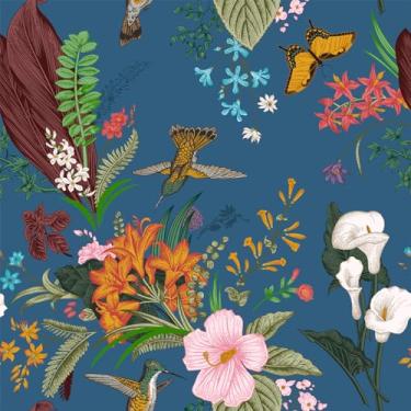 Imagem de VEELIKE Papel de parede floral de pássaros azuis exóticos de 40 cm x 900 cm Papel de parede botânico vintage para quarto banheiro papel de contato floral removível papel de parede azul autoadesivo