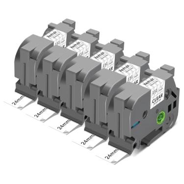 Imagem de XemaX Fita adesiva transparente laminada 5X Tze-151 24 mm 2,4 cm compatível com Brother Tze151 Tz151 Tz-151 1 polegada P Touch Tze Tz Tape 24 mm 2.4 cm preta em etiqueta transparente para PTD600