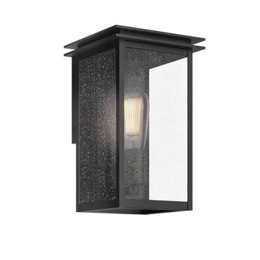Imagem de Kichler Arkville 25.4 cm 1 Luminária de parede externa com vidro semeado transparente em preto texturizado para portas externas, paredes, varanda, (25,4 cm x 15,2 cm), 59540BKT