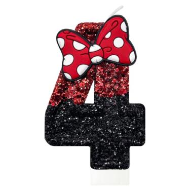 Imagem de JonesLi 4ª vela de bolo, vermelha com laço, serve para festa Minnie Mouse, tema rosa para meninas