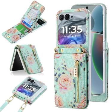 Imagem de YQODSZ Capa carteira para Motorola Moto Razr 2024 com alça transversal, Razr 50 2024 capa protetora feminina com estampa floral elegante zíper flip capa protetora para Moto Razr 2024 verde