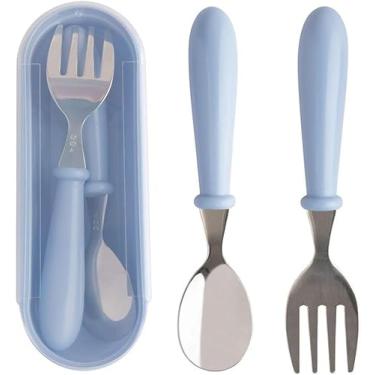 Imagem de Jogo Talheres Colher Garfo Inox Infantil Kit Com Estojo Bebê, introdução alimentar, passeios e viagens, (Azul)