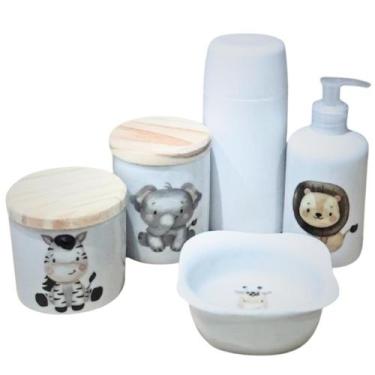 Imagem de Kit higiene bebê safari 5 Pçs - Potes, porta álcool, molhadeira decora