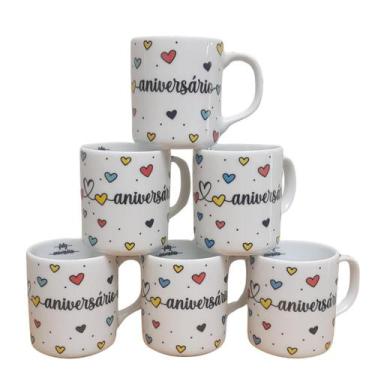 Imagem de Kit Jogo 6 canecas 300ml Feliz Aniversário - Porcelana - Genérico