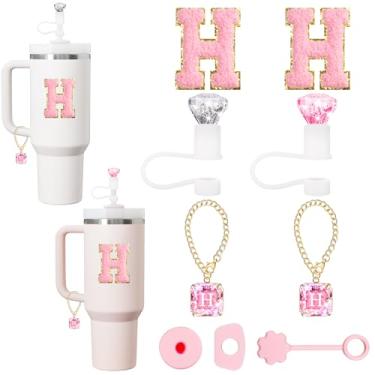 Imagem de XIANGYUAN Capa de canudo para acessórios Stanley Cup, topo de palha de diamante brilhante, pingentes exclusivos de letras de cristal para copos Stanley, adesivo para decorações Stanley, conjunto rosa