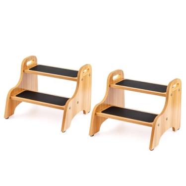 Imagem de StrongTek Pacote Com 2 Bancos De Madeira De 2 Degraus Para Crianças E Adultos, Superfície Antiderrapante, Almofadas Antiderrapantes Para Os Pés, Capacidade De 300 Libras, Portátil Com Alças, Design