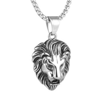 Imagem de Colar masculino gótico punk hip-hop rock 3D cabeça de leões, enfeite de olhos com strass, material de aço inoxidável 316L, corrente de pérola quadrada de aço inoxidável prata, joia vintage de amuleto,