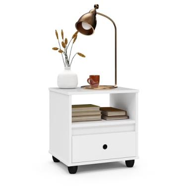 Imagem de Mesa de Cabeceira Quarto Mesinha Apoio Lateral Cama Box Casal Estilo Decoração Retrô Pérola 1 Gaveta (Branco)