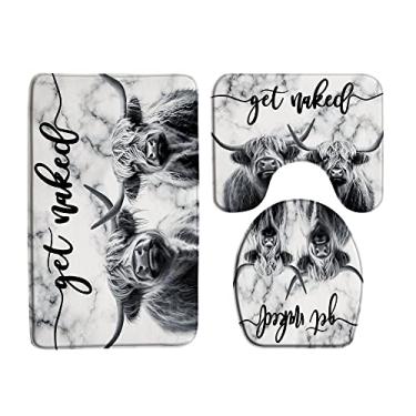 Imagem de Conjunto de 3 peças de tapete de banho de vaca Highland Farmhouse Get Naked Western Funny Farm Animal Retrato de Longhorn Bull rústico 40,6 x 61 centímetros tapete de casa de banho, capa de assento de