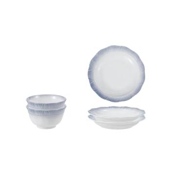 Imagem de Conjunto de tigela e prato com padrão de renda criativo e personalizado, prato redondo de cerâmica de arroz simples doméstico - Azul Jianshi - 2 tigelas e 2 pratos