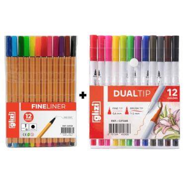 Imagem de Kit de Canetas Glizi 24 Peças, 12 Fineliners 0,4mm + 12 Dual Tip Brush com Ponta Dupla 0,4mm e 1-2mm (12C (Amarela) + 12C Dual Brush)