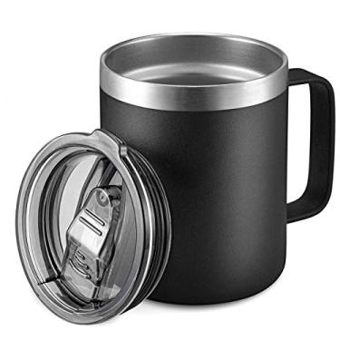 Imagem de Caneca de café isolada de aço inoxidável de 340 ml com alça, copo de vácuo de parede dupla com tampa, Sliding Lid: Black, 1pc