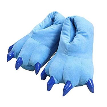 Imagem de HengQiu Pantufas unissex de pelúcia com patas de animais felpudos, quentes e felpudos, sapatos de pata de dinossauro, Azul, 5-8 Women/4-6 Men
